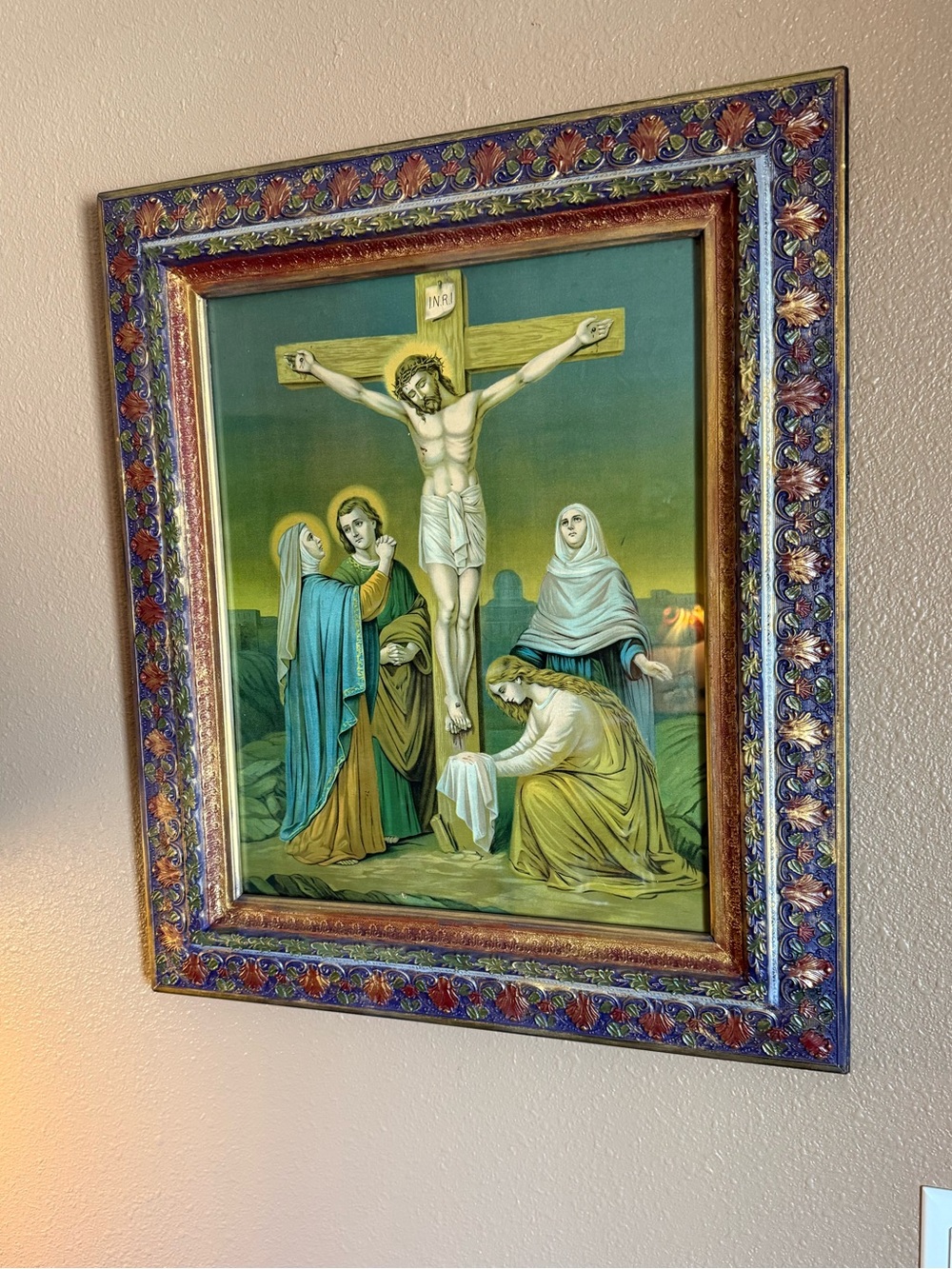 Antique Plaster & Wood Frame w/Crucifixion Print